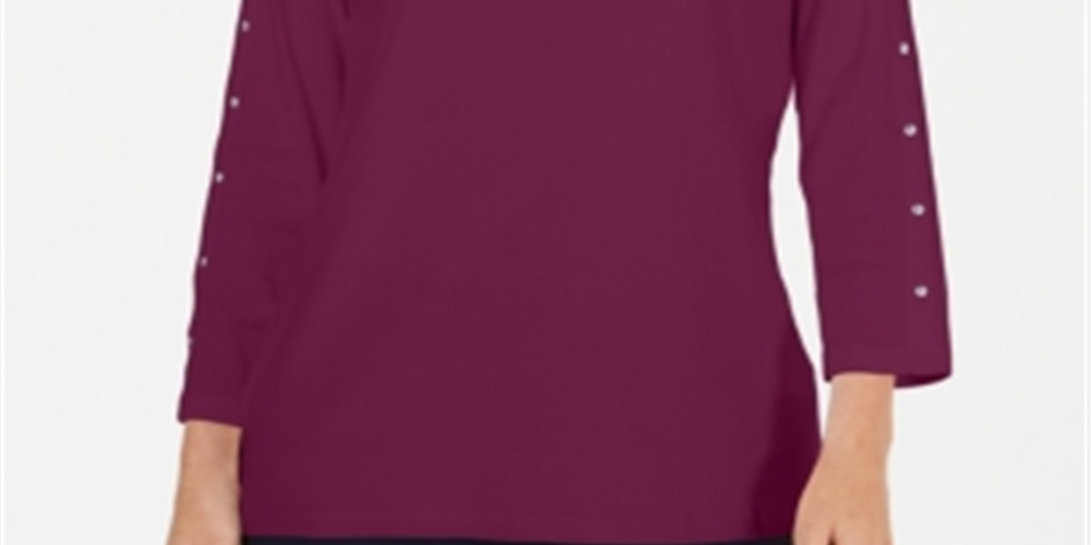 Karen Scott Blusa feminina de algodão com decote canoa e tachas, roxa, tamanho pequeno P/M