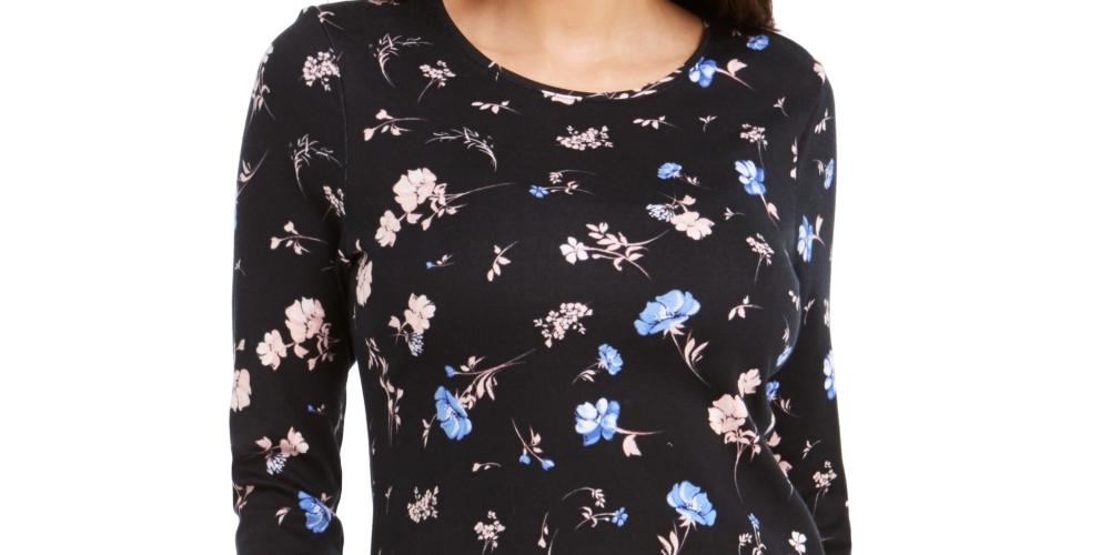Camiseta feminina Charter Club Pima Cotton com estampa Ditsy, preta, tamanho X-G