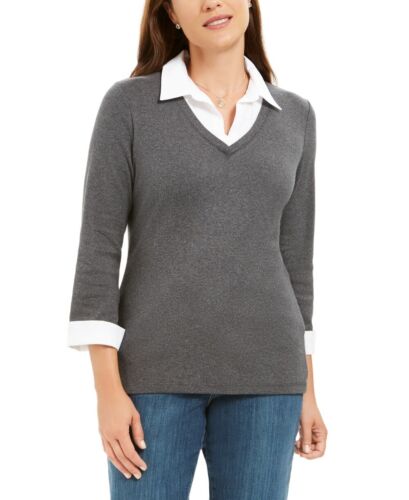 Karen Scott Blusa Feminina de Algodão com Camadas, Cor Carvão, Tamanho Pequeno P