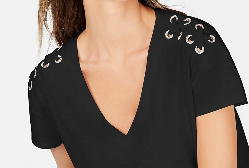 INC International Concepts Top Feminino Sólido Manga Curta Gola V Tamanho Preto Tamanho Pequeno