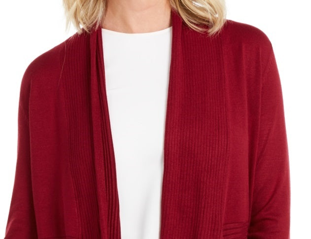 Cardigan feminino canelado com bainha de lenço JM Collection, vermelho, tamanho grande