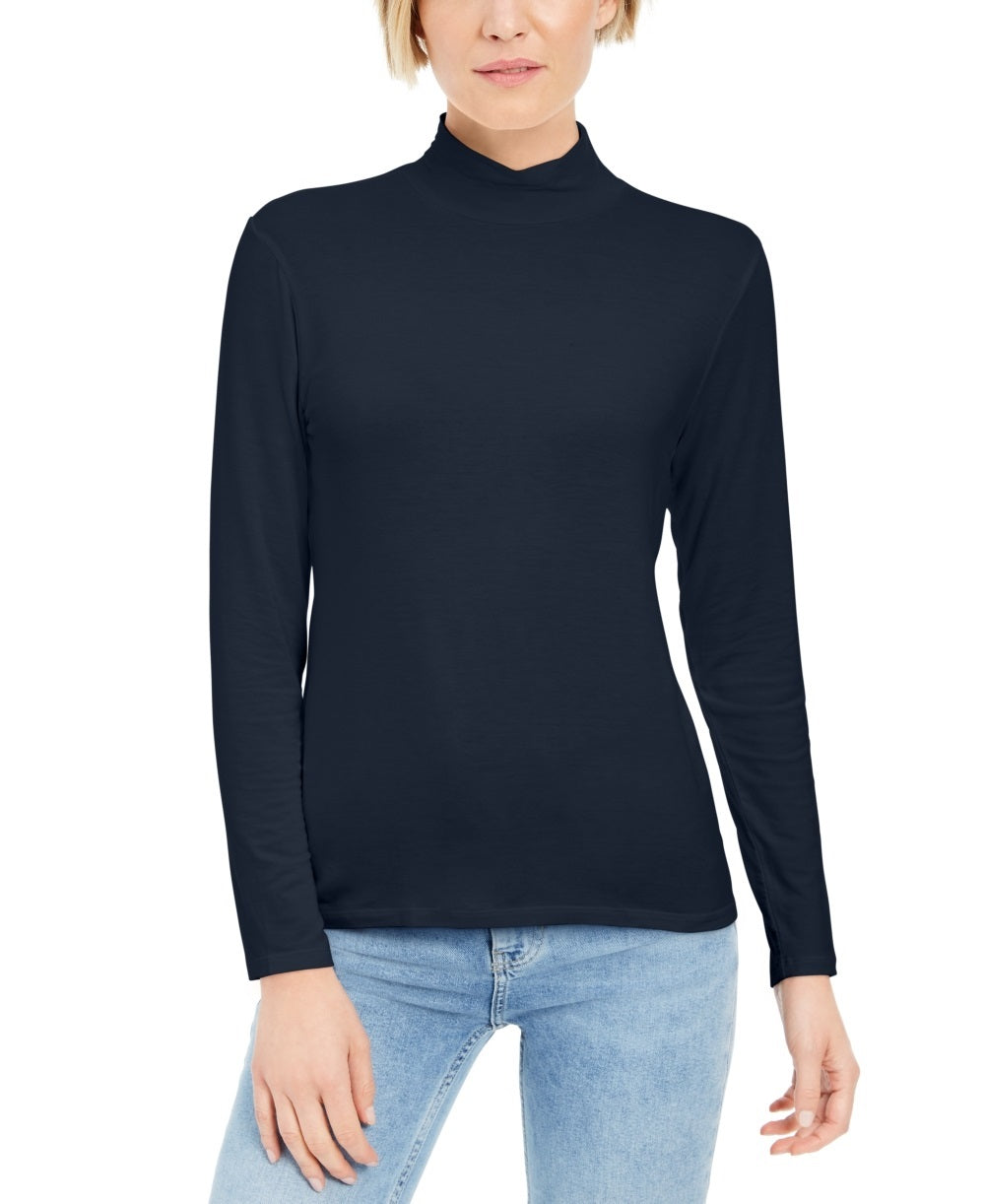 Blusa feminina estilo &amp; co com gola falsa azul tamanho pequeno médio