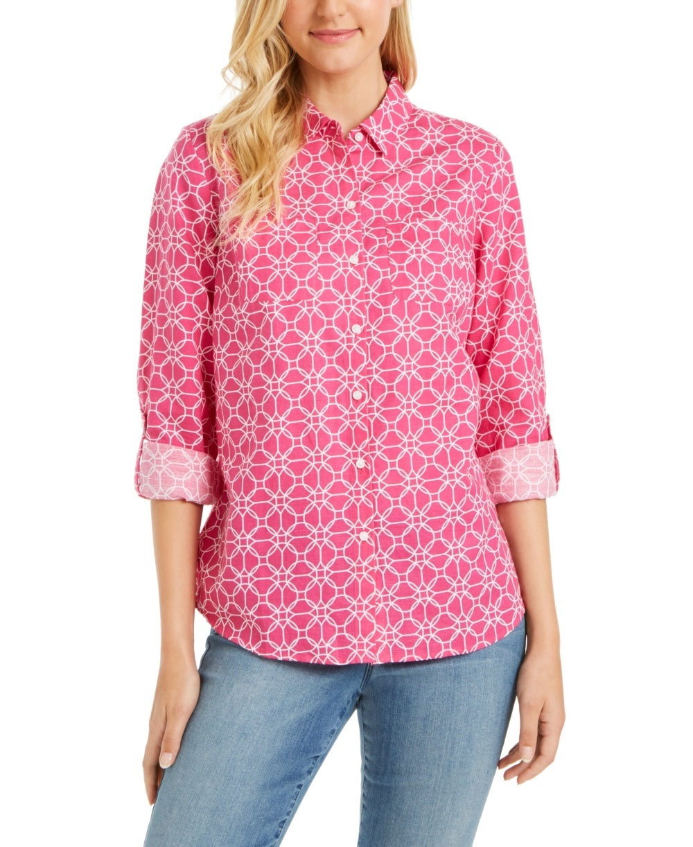 Camisa feminina estampada com mangas curtas Charter Club, rosa, tamanho extragrande