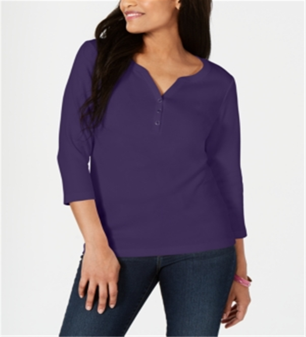 Camisa Henley de algodão feminina Karen Scott, roxa, tamanho pequeno, médio