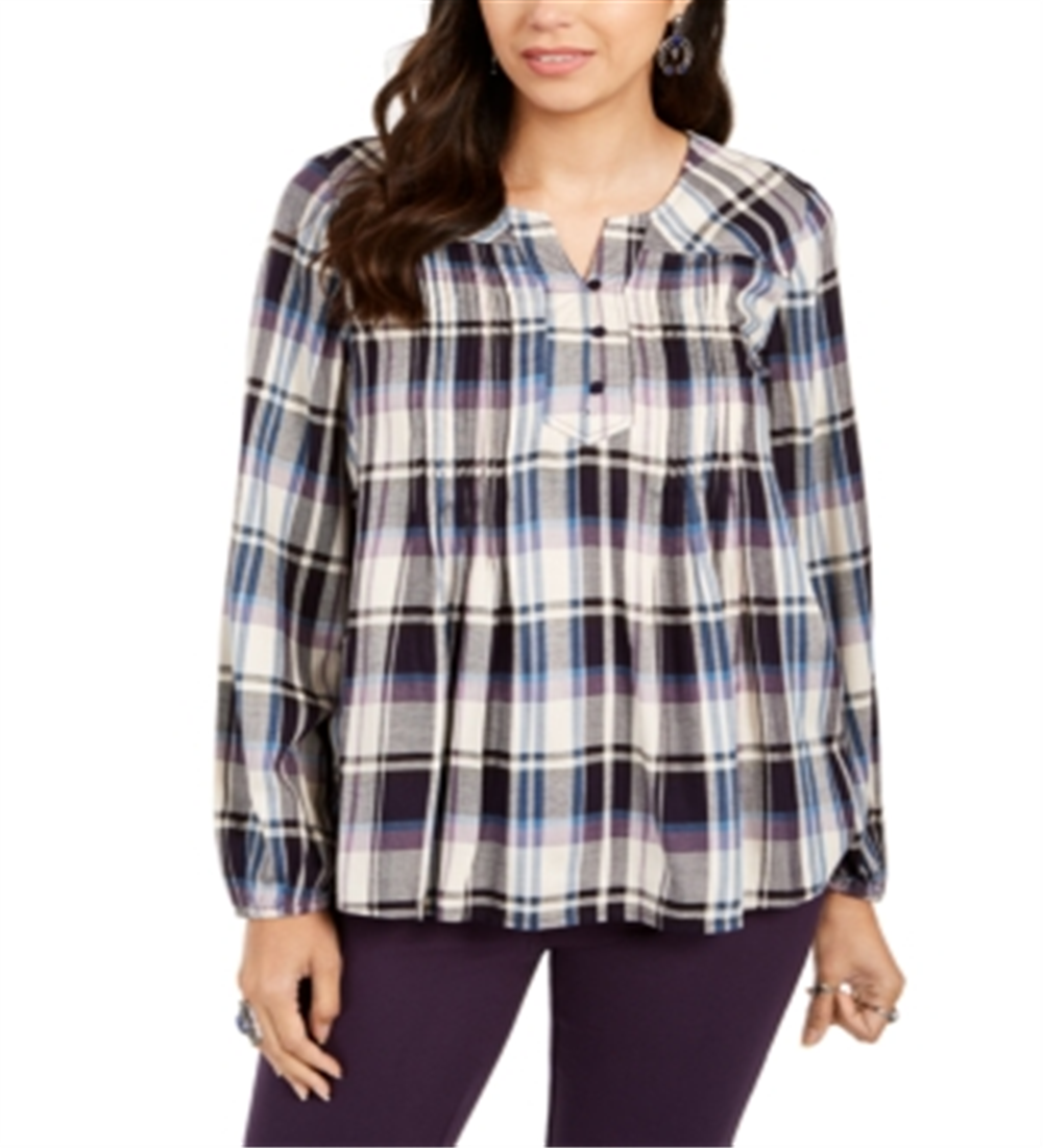 Blusa xadrez feminina estilo &amp; co com decote aberto, roxa, tamanho grande