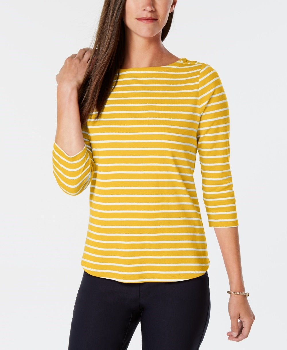 Charter Club Feminino Pima Algodão Botão Ombro Estampado Top Amarelo Tamanho Pequeno Pequeno
