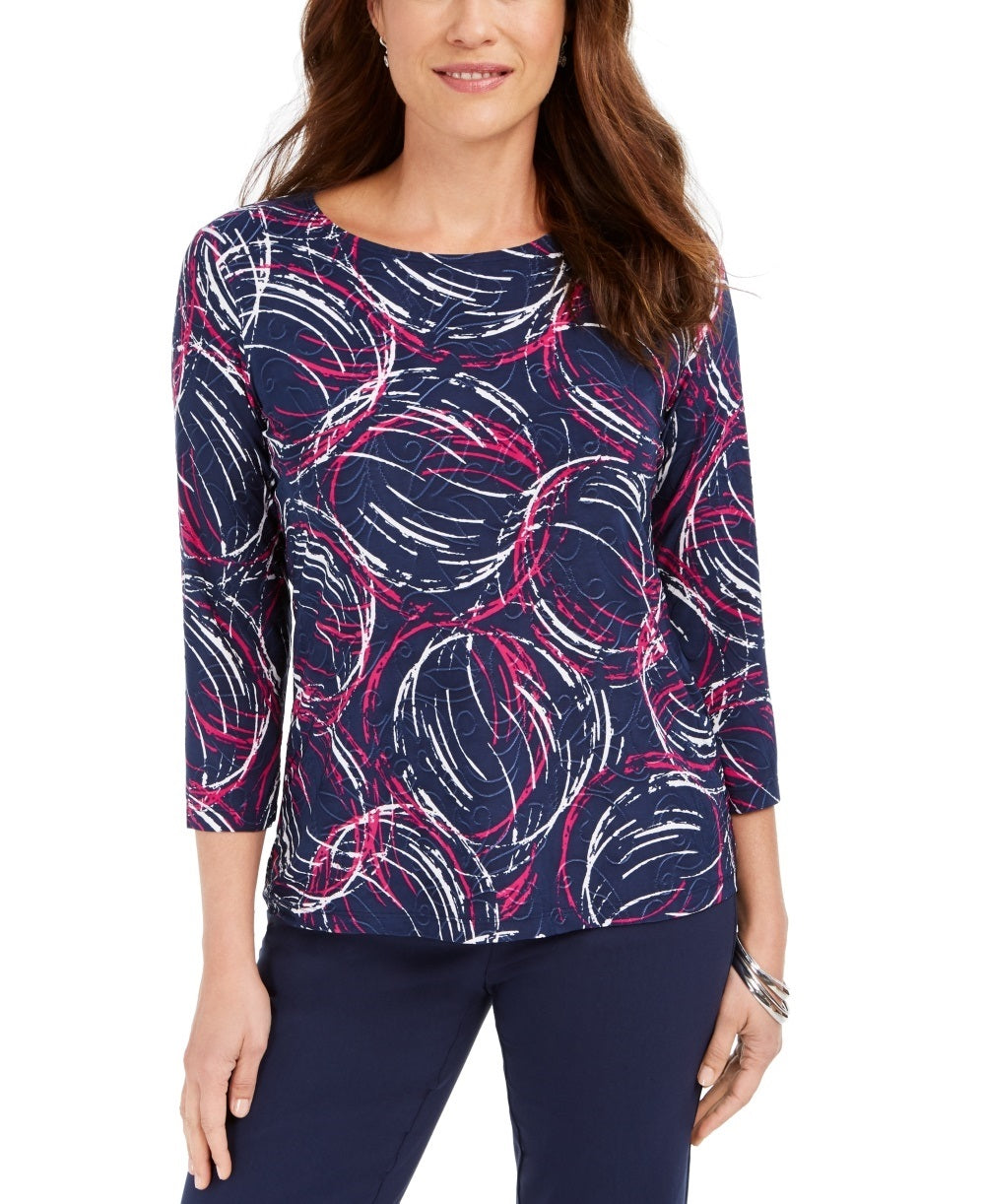 Camiseta feminina jacquard manga 3/4 da coleção JM, azul, tamanho XX-G