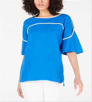 Blusa feminina Alfani com mangas bufantes e decote alto, azul-marinho, tamanho pequeno G