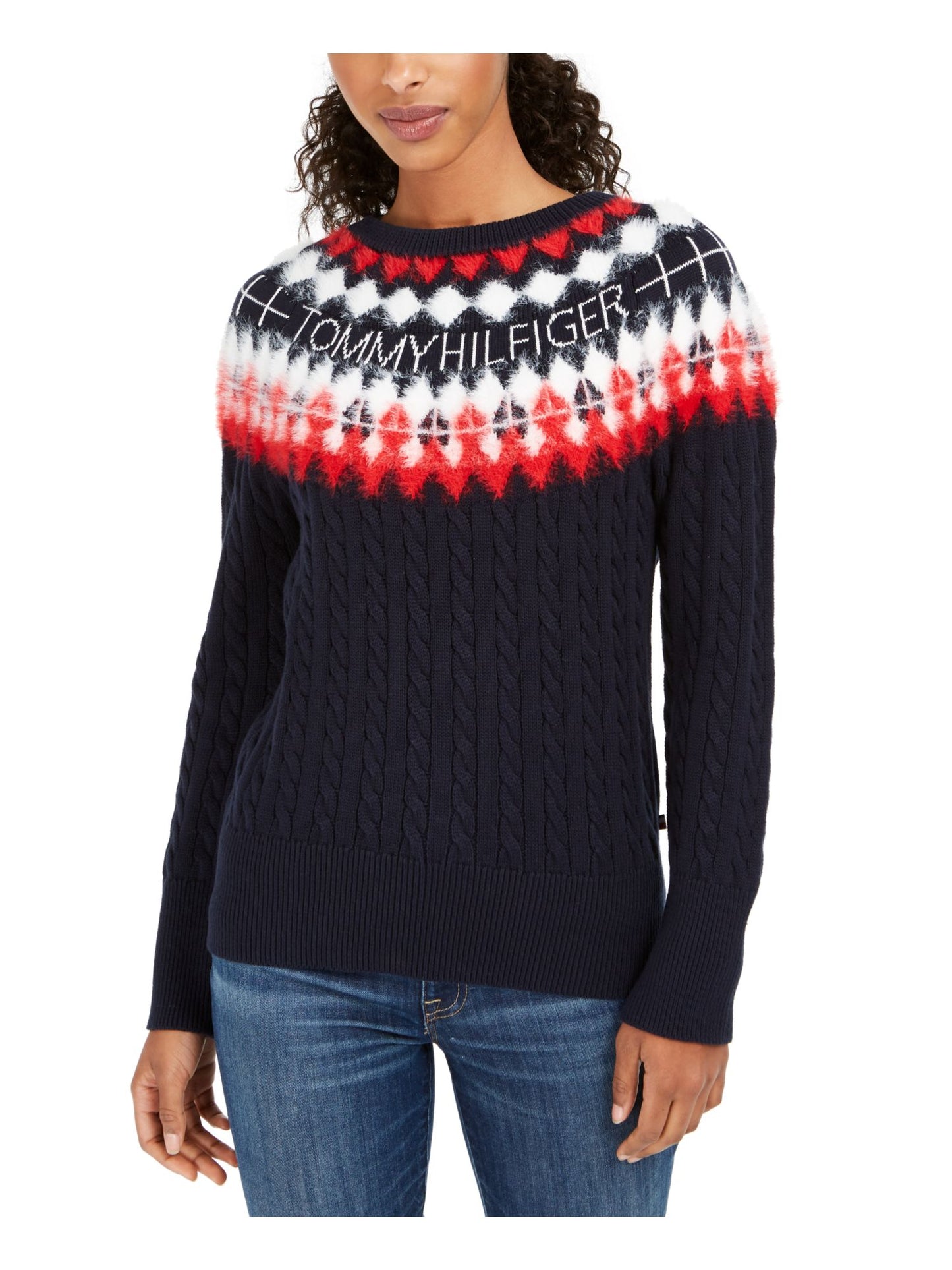 Tommy Hilfiger Suéter Feminino Estampado Manga Longa Gola Joia Azul Tamanho Médio