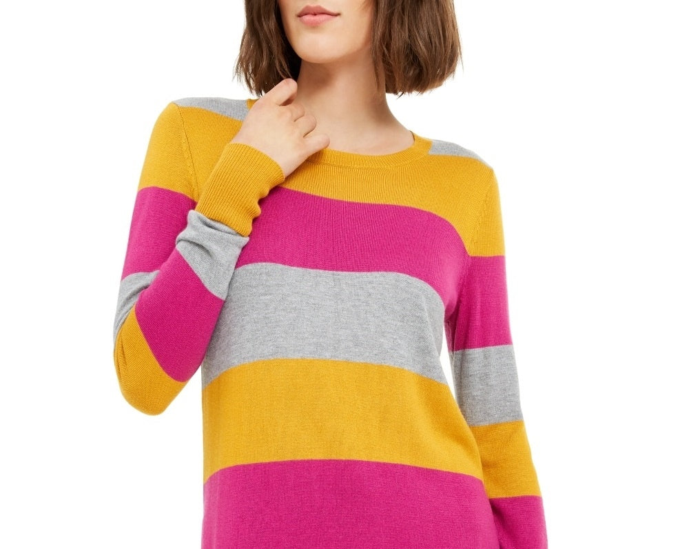 Camiseta feminina Maison Jules com estampa de blocos de cores, manga comprida e gola redonda, tamanho extragrande, amarela