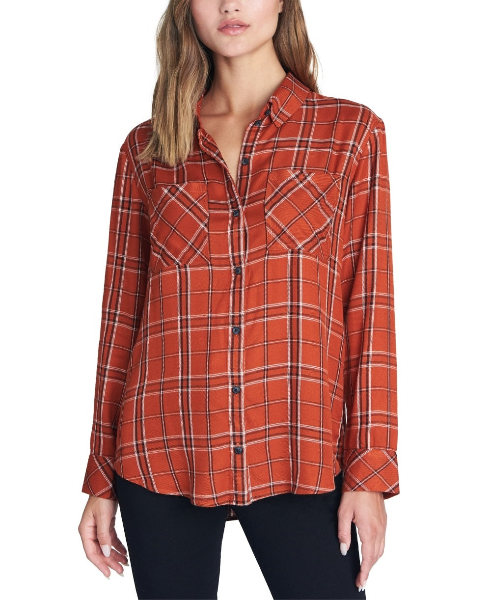 Blusa feminina xadrez de manga comprida com gola e botões, tamanho extragrande