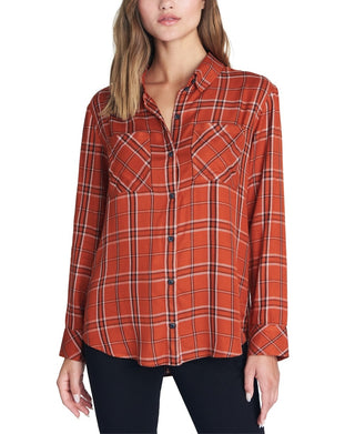 Blusa feminina xadrez de manga comprida com gola e botões, tamanho extragrande