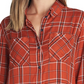 Blusa feminina xadrez de manga comprida com gola e botões, tamanho extragrande