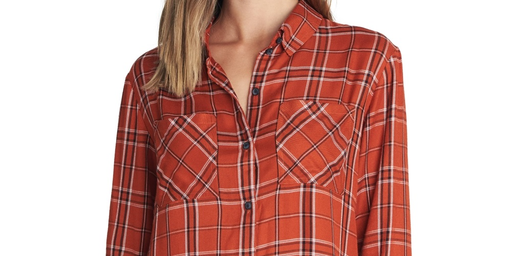 Blusa feminina xadrez de manga comprida com gola e botões, tamanho extragrande