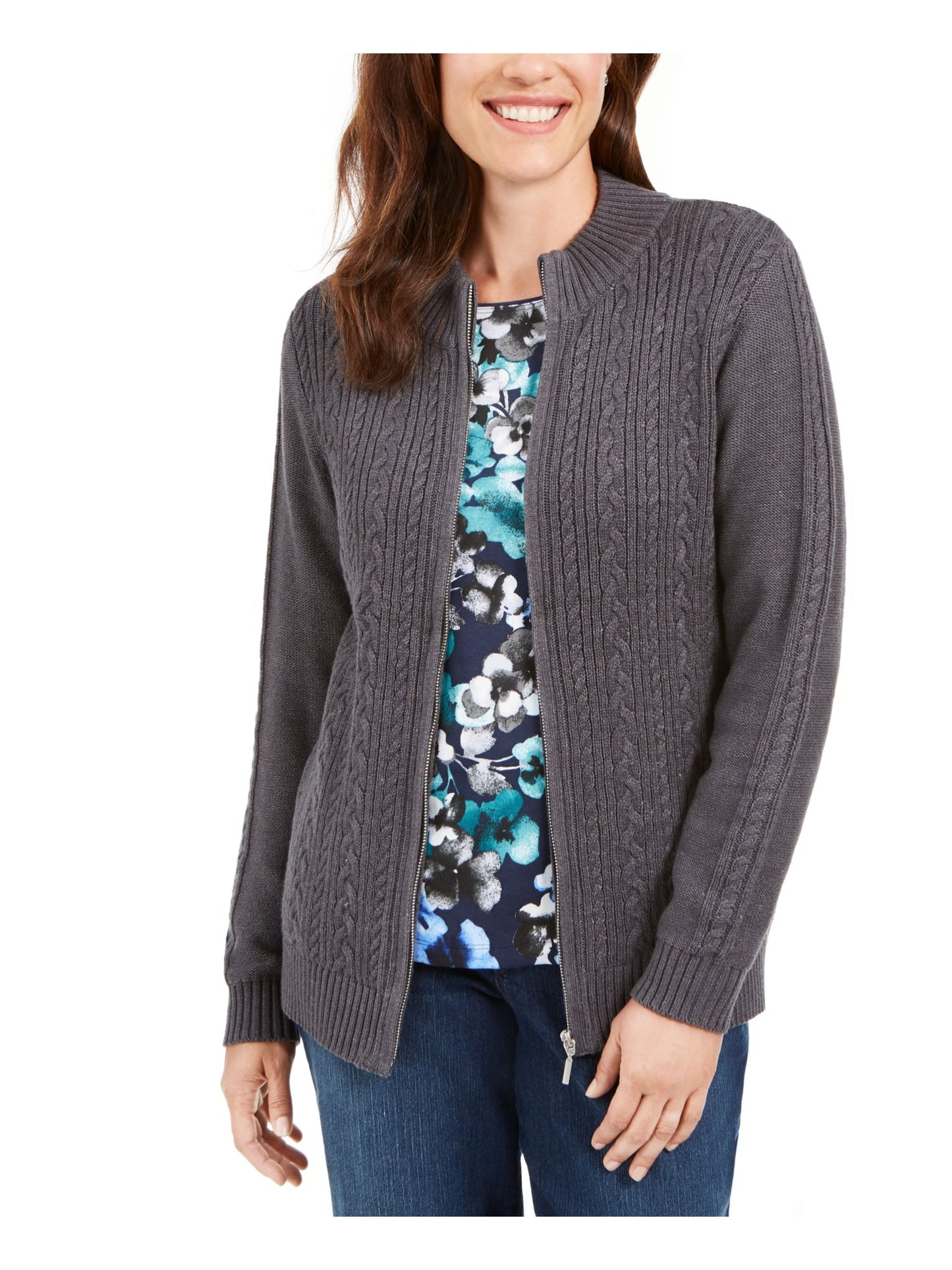 Karen Scott Suéter Feminino de Tricô com Zíper Frontal, Cinza Escuro, Tamanho Pequeno P