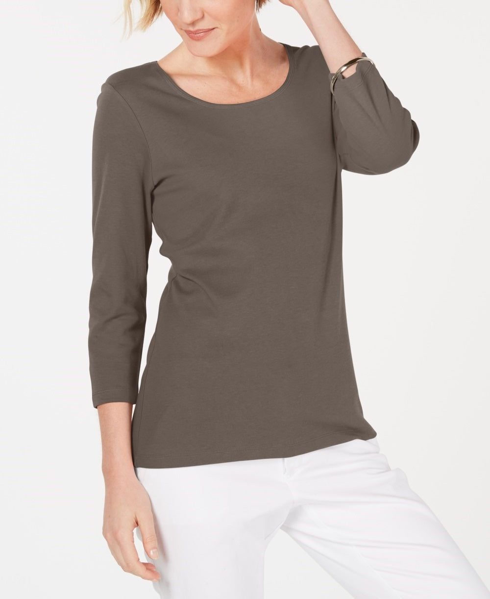 Blusa feminina Karen Scott de algodão com manga 3/4, bege, tamanho médio