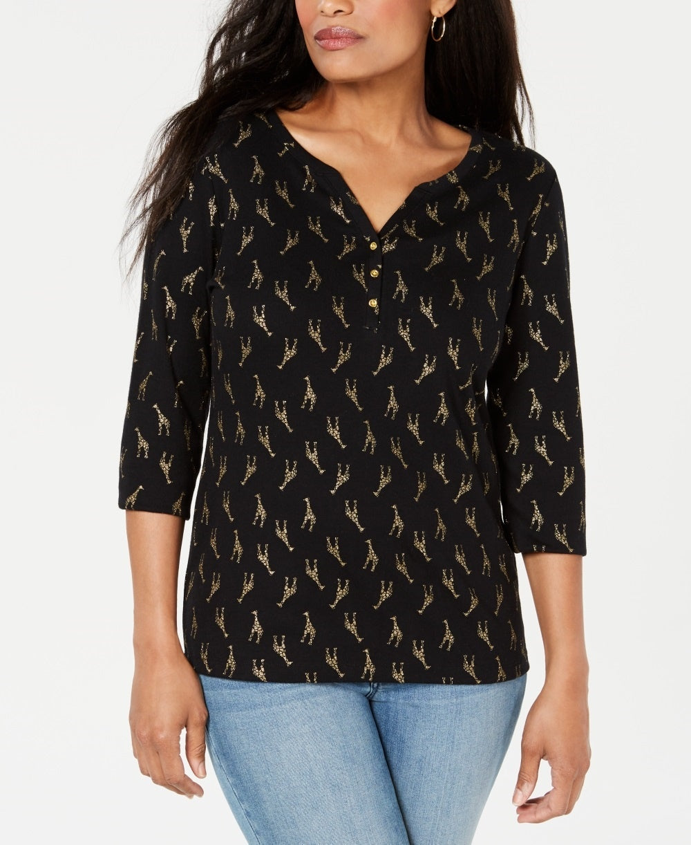 Karen Scott Estampa Girafa Henley Preta Feminina Tamanho Pequeno X-Grande