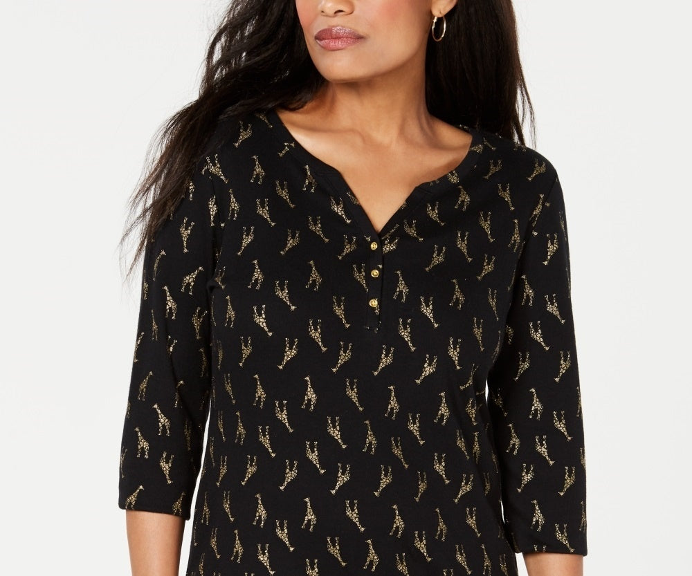 Karen Scott Estampa Girafa Henley Preta Feminina Tamanho Pequeno X-Grande
