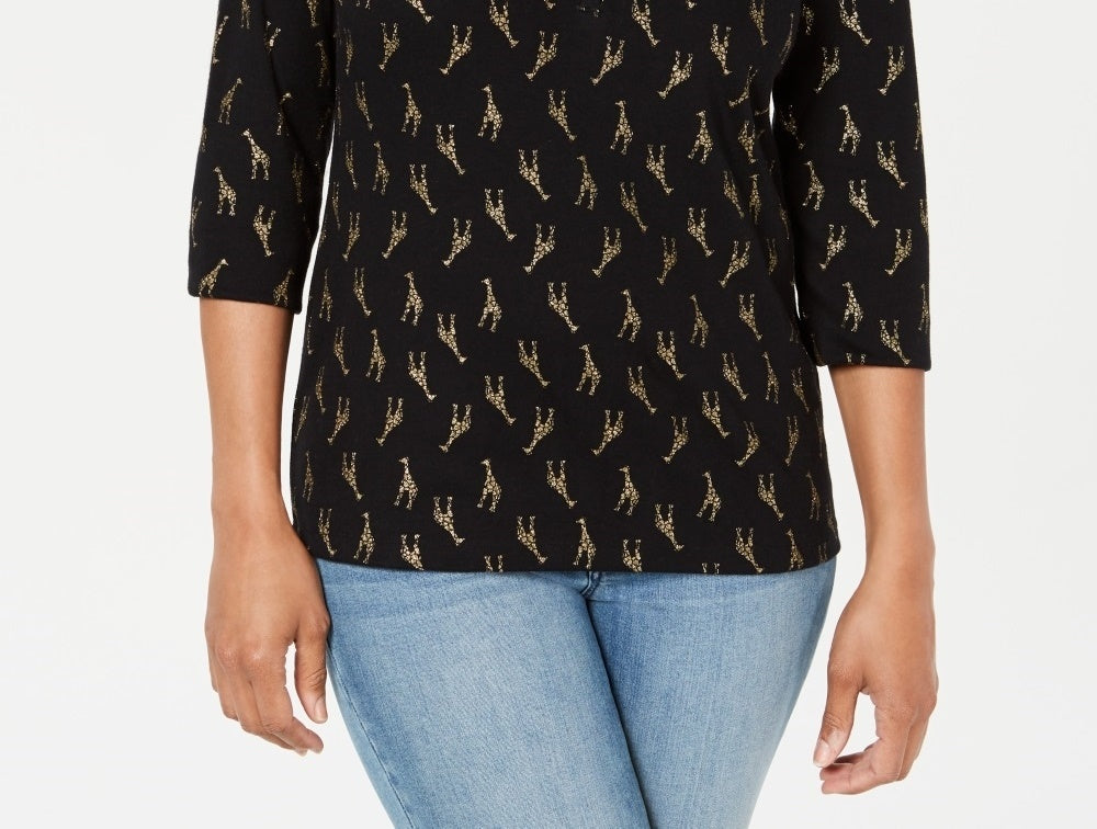 Karen Scott Estampa Girafa Henley Preta Feminina Tamanho Pequeno X-Grande
