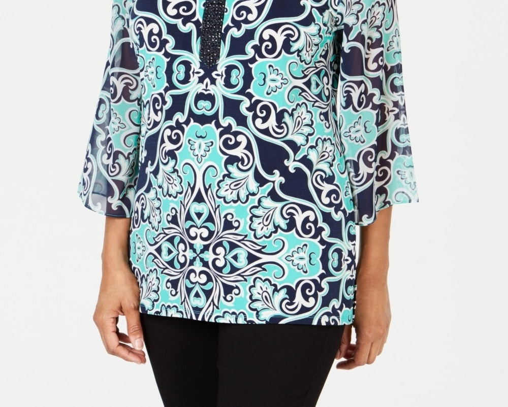 JM Collection Top estampado feminino com detalhes, azul marinho, tamanho pequeno e pequeno