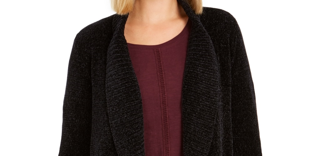Cardigan feminino estilo &amp; co com gola xale em chenille, preto, tamanho pequeno grande