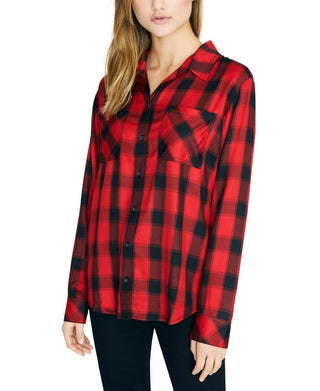 Blusa feminina xadrez de manga comprida com gola e botões Sanctuary, vermelha, tamanho grande
