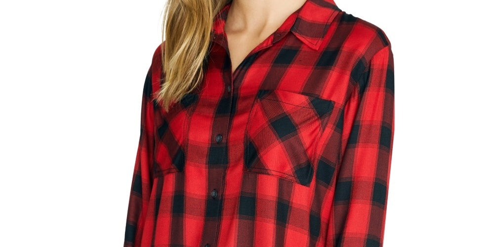 Blusa feminina xadrez de manga comprida com gola e botões Sanctuary, vermelha, tamanho grande