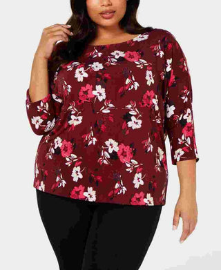 Blusa feminina estampada Alfani com manga 3/4 vermelha, tamanho 3X