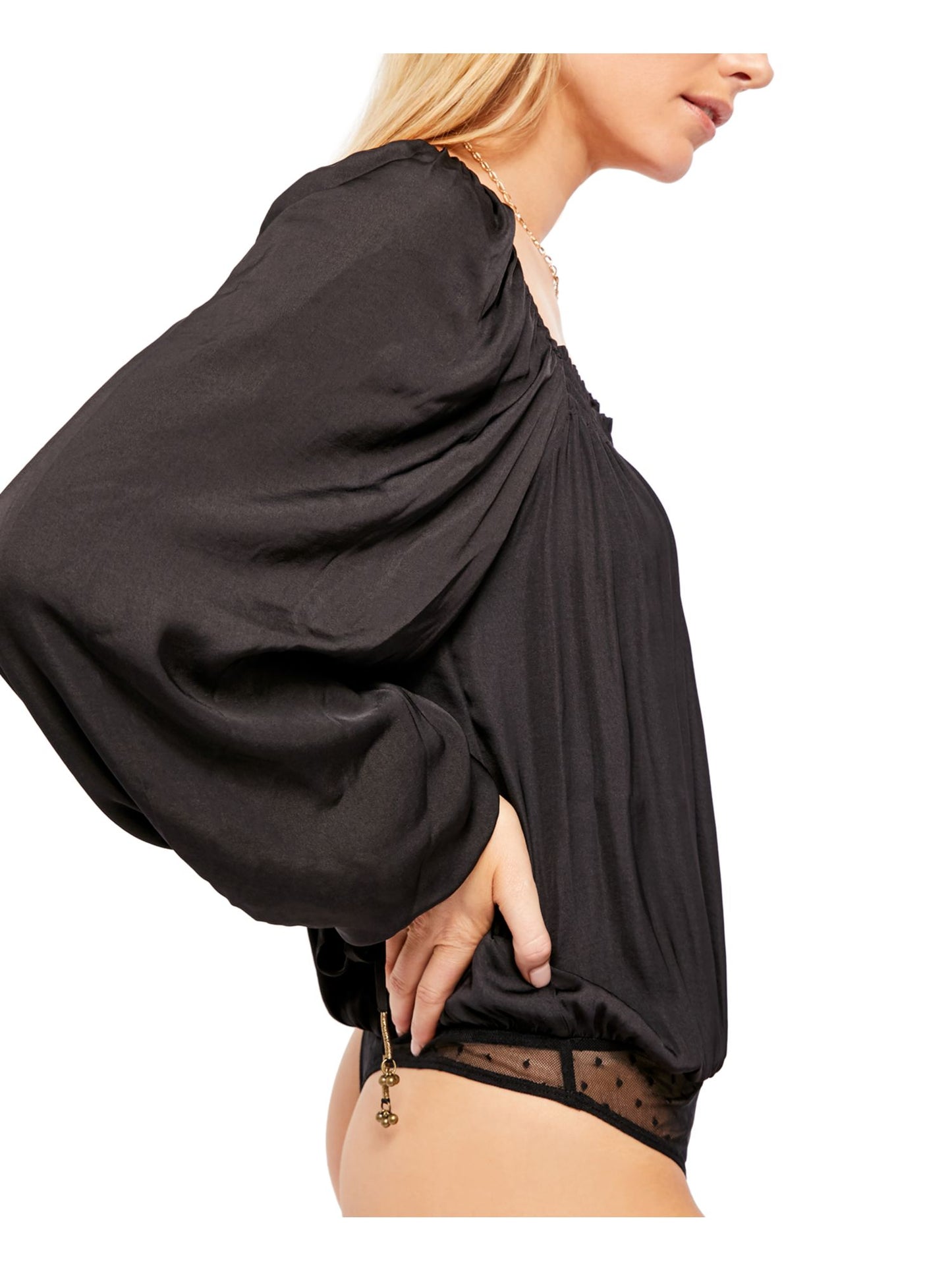 Free People Unissex Manga Longa Gola Quadrada Body Terno Top Preto Tamanho P