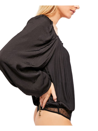 Free People Unissex Manga Longa Gola Quadrada Body Terno Top Preto Tamanho P
