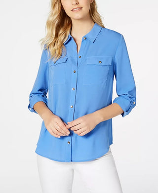 Charter Club Women's Solid Button Up Shirt Blue Size Petite Small