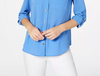 Charter Club Women's Solid Button Up Shirt Blue Size Petite Small