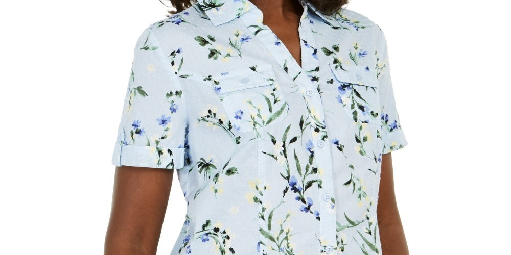 Camisa feminina Karen Scott de algodão com estampa floral, azul, tamanho médio