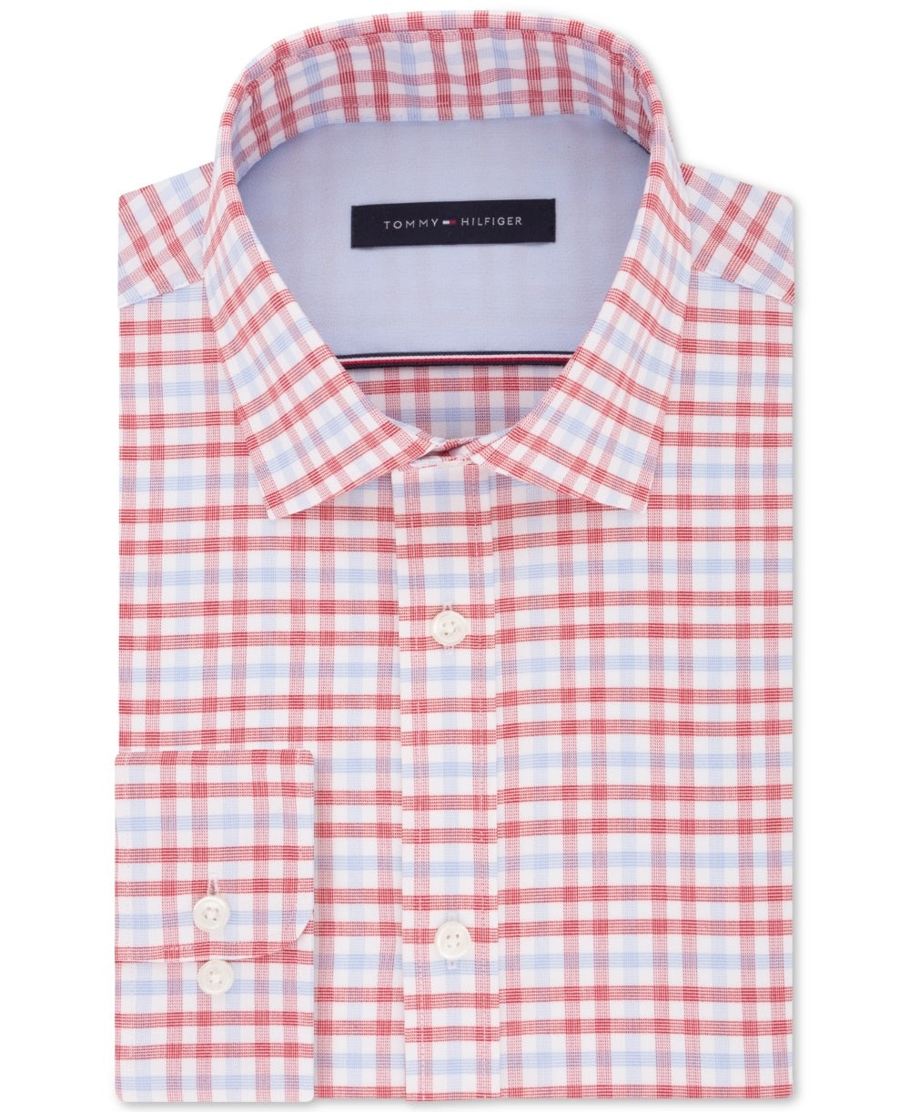 Camisa social masculina Tommy Hilfiger justa com estampa elástica azul xadrez, tamanho 15,5 x 32 x 33