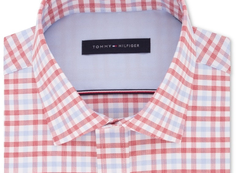 Camisa social masculina Tommy Hilfiger justa com estampa elástica azul xadrez, tamanho 15,5 x 32 x 33