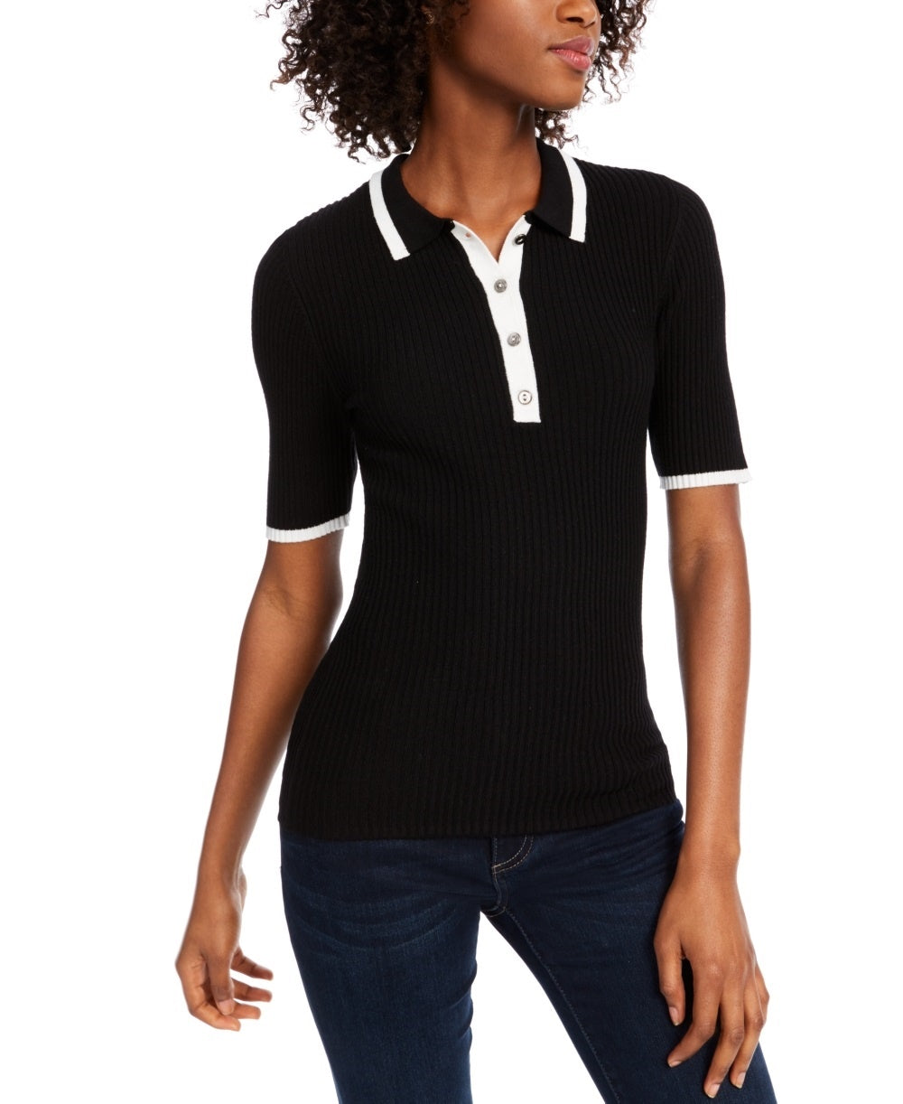 Camisa polo feminina canelada contrastante Maison Jules, preta, tamanho extragrande
