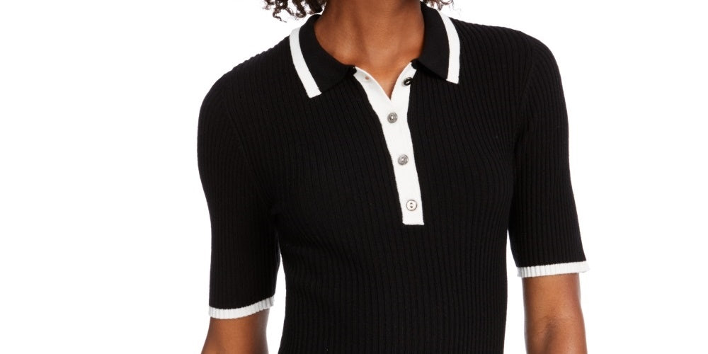 Camisa polo feminina canelada contrastante Maison Jules, preta, tamanho extragrande