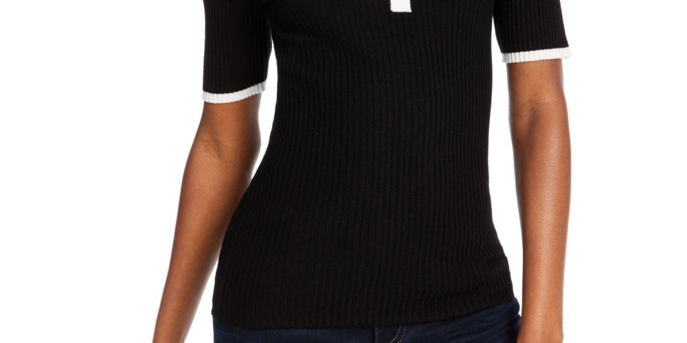Camisa polo feminina canelada contrastante Maison Jules, preta, tamanho extragrande