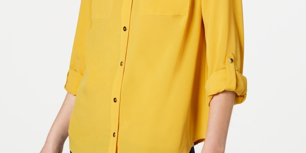 Camisa feminina Charter Club com dois bolsos, dourada, tamanho extragrande