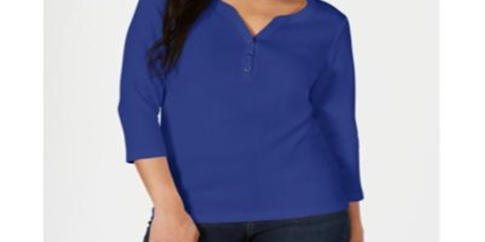 Camisa Henley de algodão feminina Karen Scott, azul, tamanho pequeno G