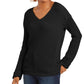 Camiseta feminina texturizada, lisa, manga comprida, gola V, preta, tamanho extragrande
