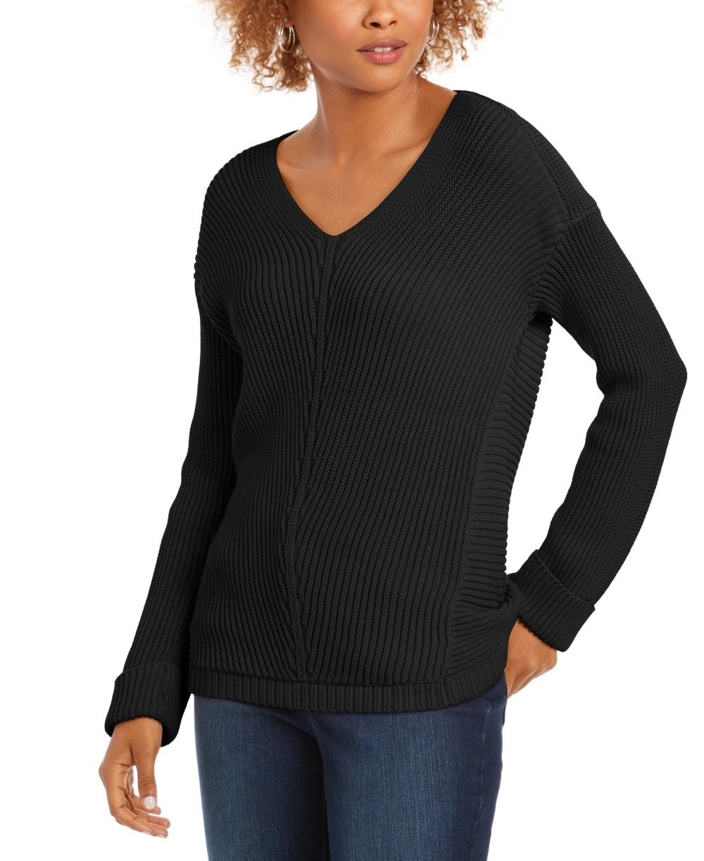 Camiseta feminina texturizada, lisa, manga comprida, gola V, preta, tamanho extragrande