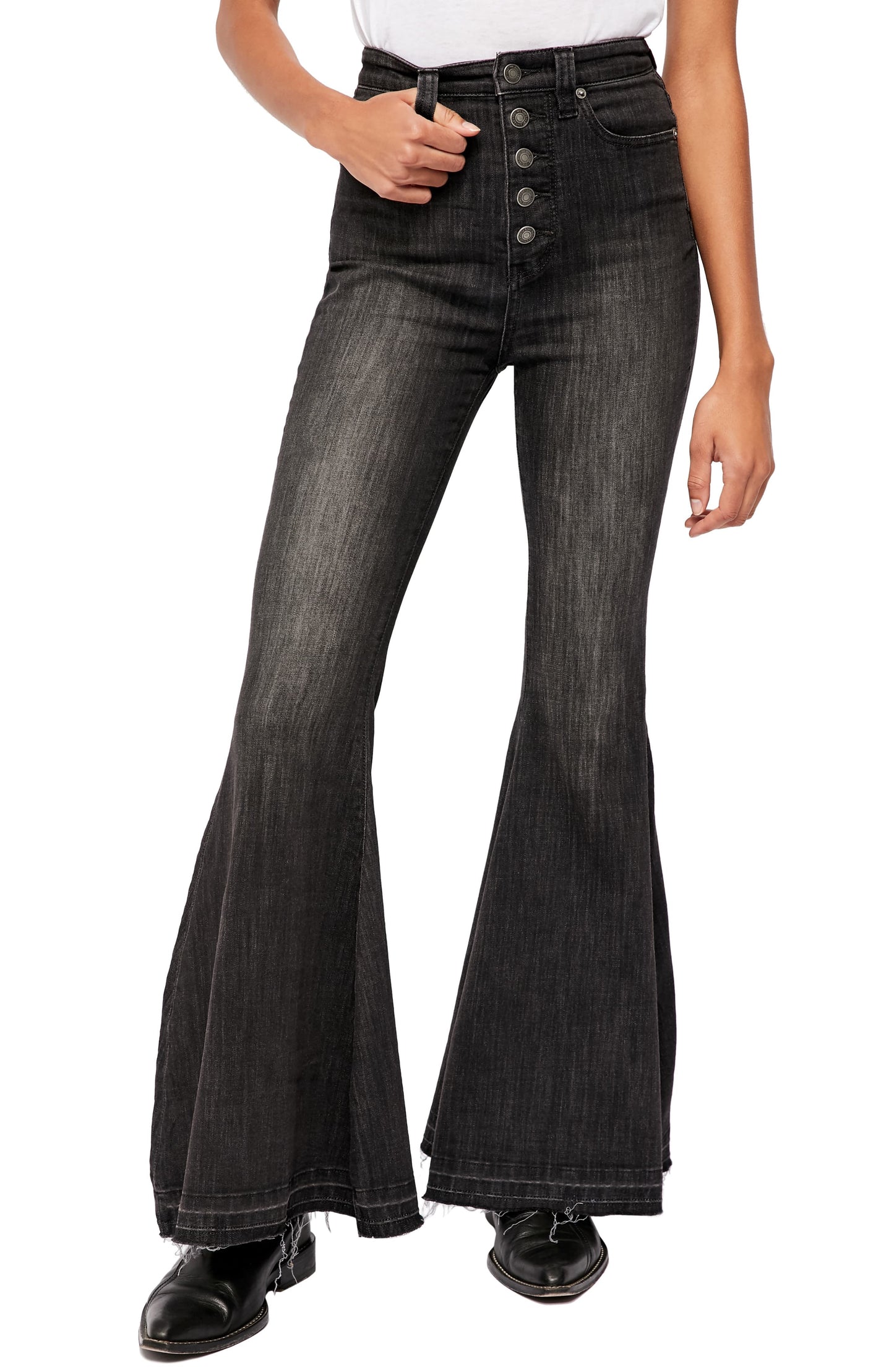 Calça jeans flare feminina insubstituível de cintura alta, preta, tamanho 31, da Free People