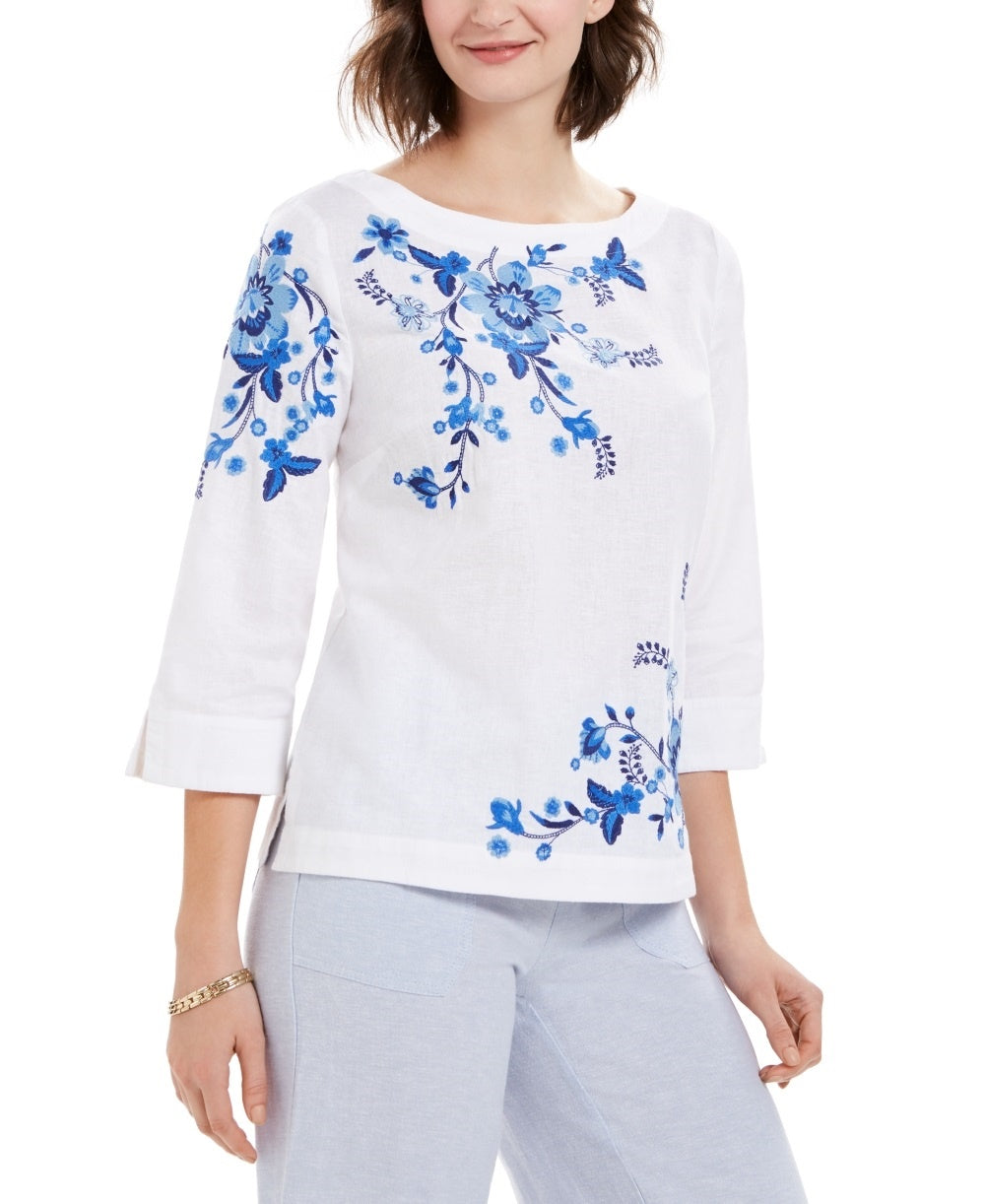 Blusa feminina bordada com manga dividida Charter Club, azul, tamanho extragrande