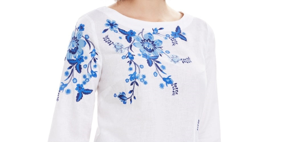 Blusa feminina bordada com manga dividida Charter Club, azul, tamanho extragrande