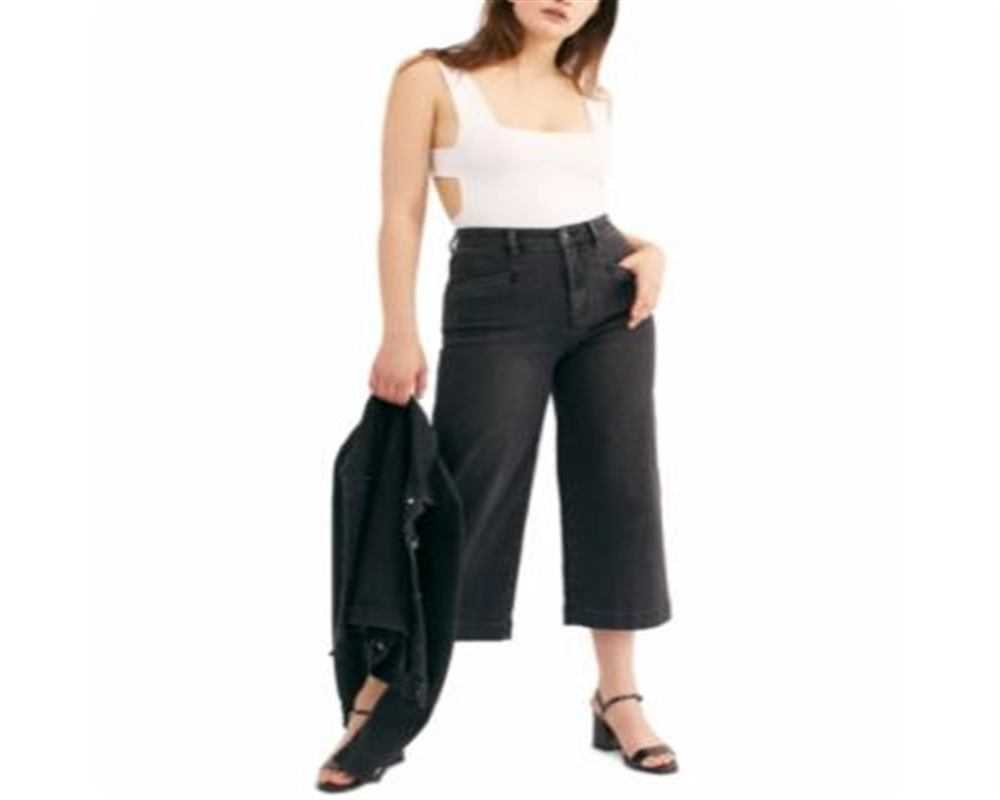 Calça jeans cropped feminina Free People com cadarço, preta, tamanho 31