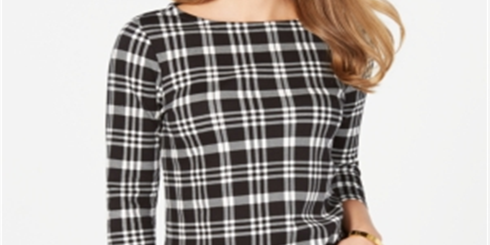 Charter Club Blusa feminina de algodão Pima com estampa de botões e ombros, preta e branca, tamanho pequeno GG