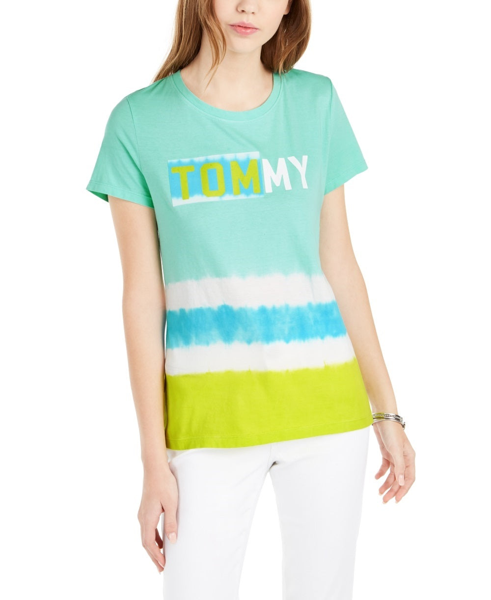 Camiseta Tommy Hilfiger Feminina Algodão Ombre Listra Logo Verde Tamanho P