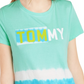 Camiseta Tommy Hilfiger Feminina Algodão Ombre Listra Logo Verde Tamanho P