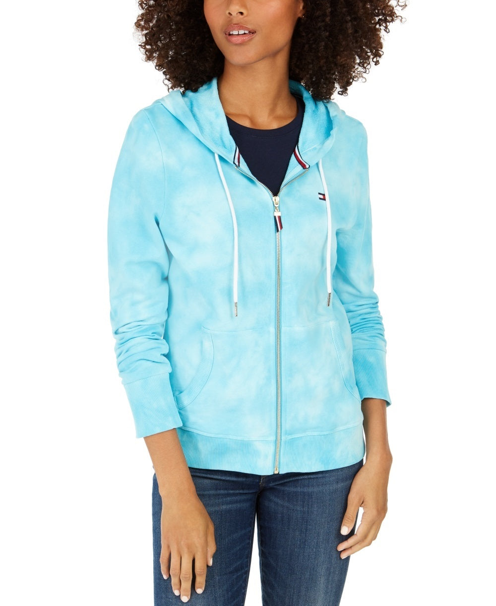 Tommy Hilfiger Moletom com capuz feminino de algodão tingido, azul, tamanho médio